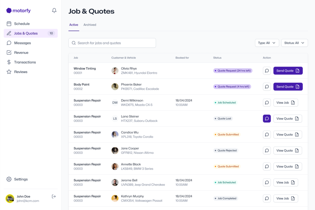 Job requests waiting for a quote in the Motorfy portal