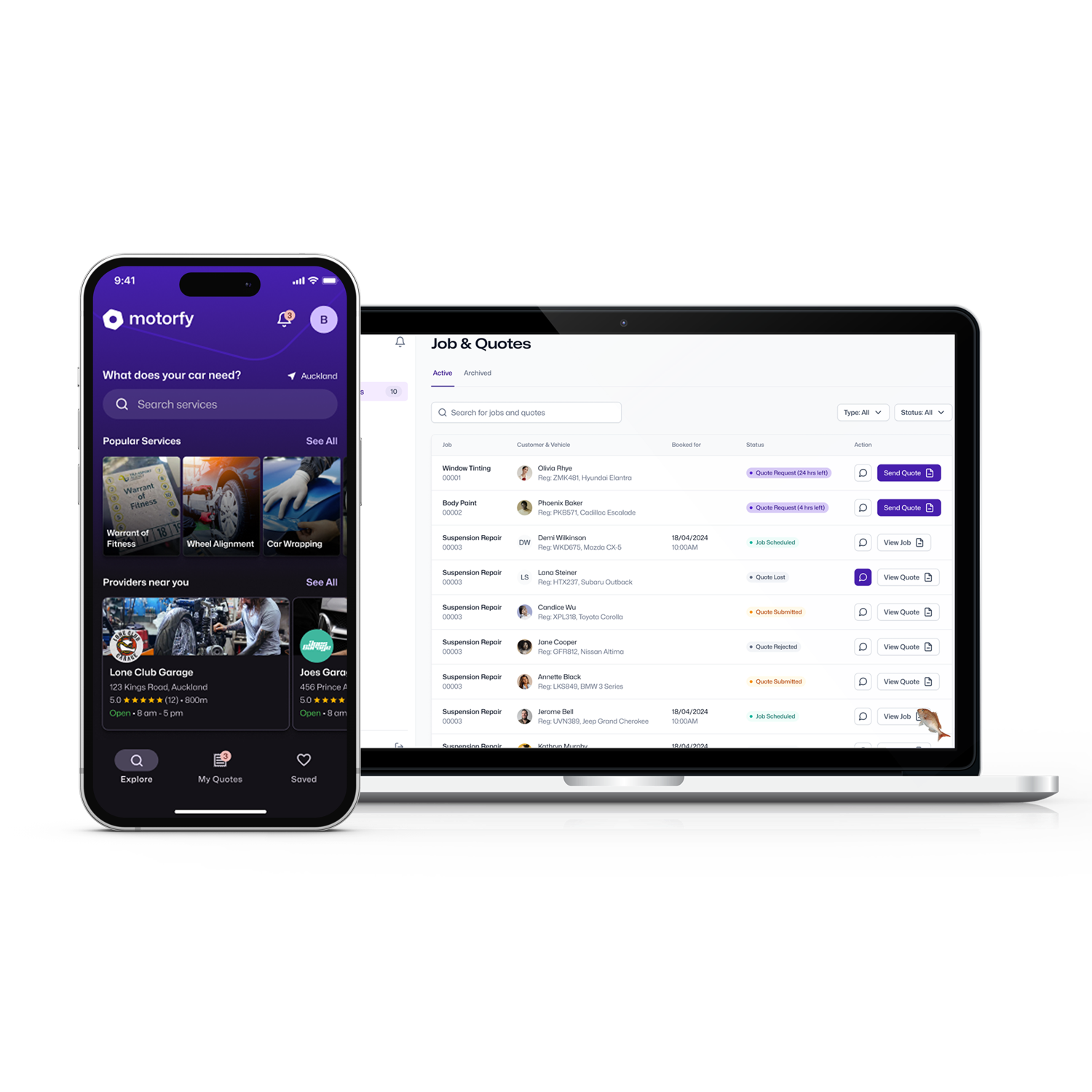 The Motorfy business portal on a laptop, with the driver app on a phone