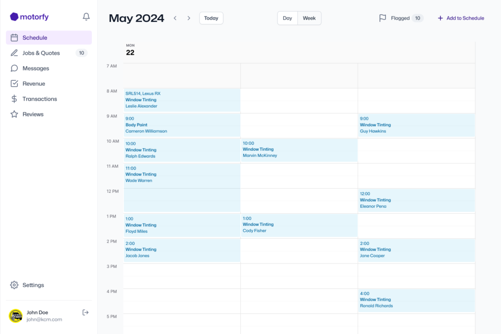 A day's bookings in the Motorfy portal schedule